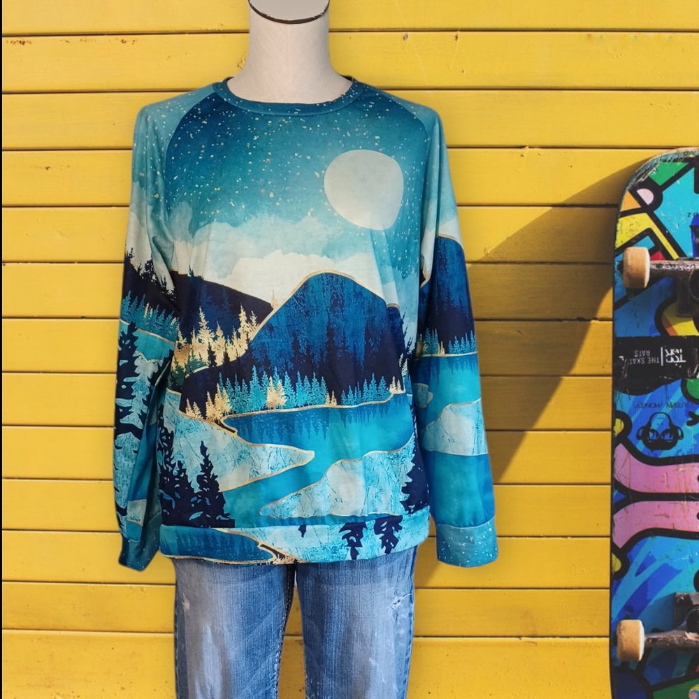 MIDNIGHT Mountain • women's Large • Winter scene sweatshirt blue